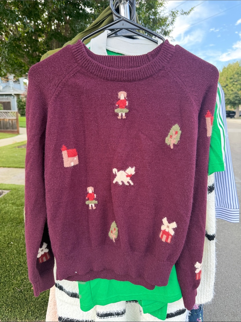 Women's Crewneck Burgundy Holiday Motif Sweater